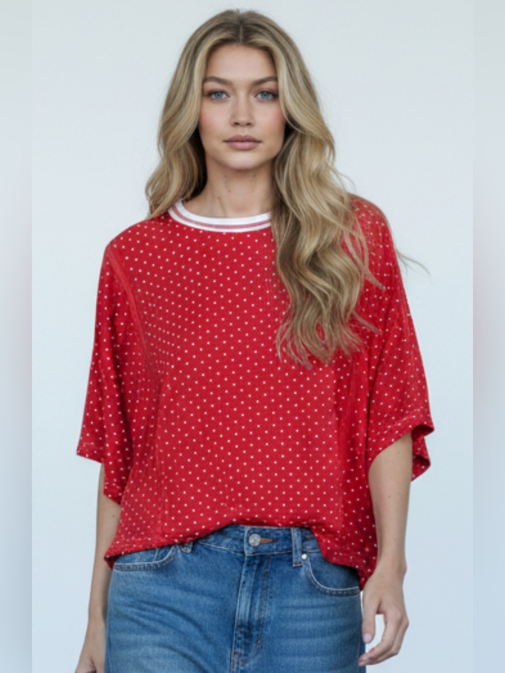 942. Polka dot dohlman sleeve outseamed top in red